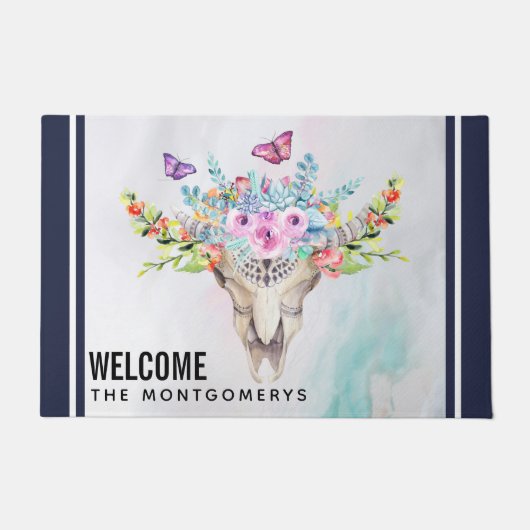 Paillasson Crâne animal Boho avec papillons et fleurs (Devant)