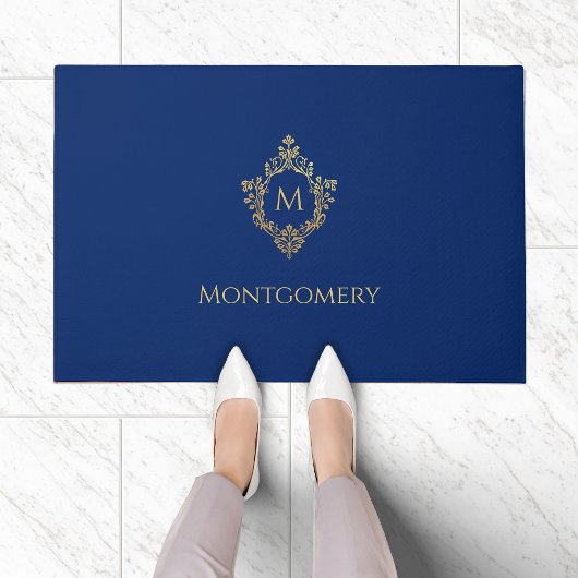 Paillasson Crest Bleu Royal Faux Or Monogram Nom