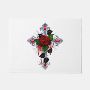 Paillasson Croix d'argent avec une rose rouge