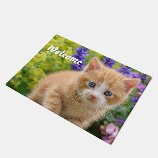 Paillasson Cute Fluffy Ginger Chat Kitten en Fleurs - Bienven (Incliné)
