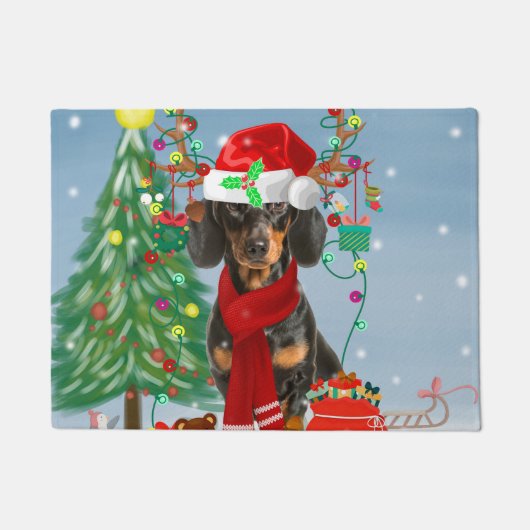 Paillasson Dachshund Chien en neige avec cadeaux de Noël (Devant)