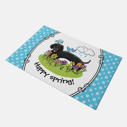 Paillasson Dachshund de printemps (noir et tan) Mignons chien (Incliné)