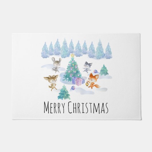 Paillasson Danse Animaux de forêt Noël Aquarelle (Devant)