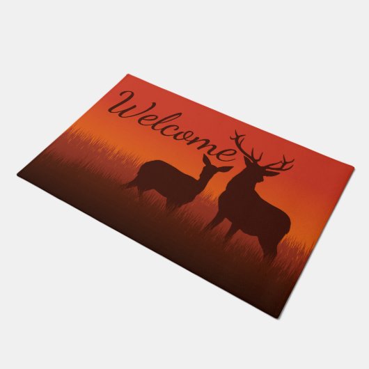 Paillasson Deer Sunset Silhouette Woodland Bienvenue (Incliné)