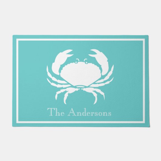Paillasson Design nautique avec crabe blanc sur bleu Turquois (Devant)