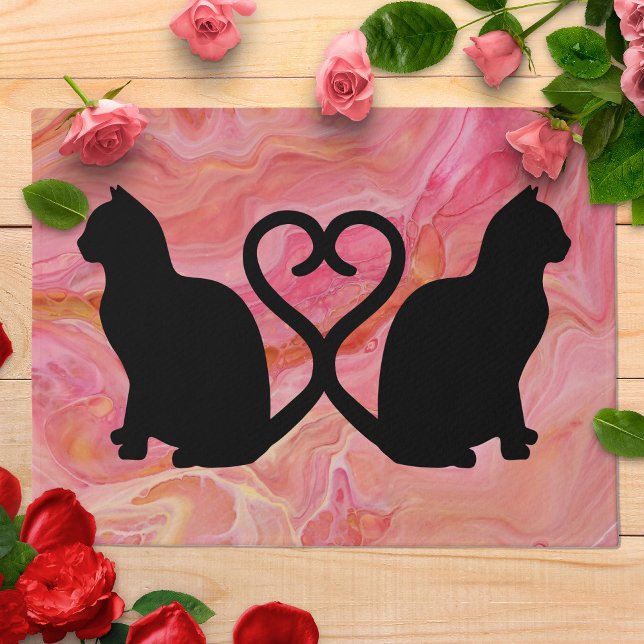 Paillasson Deux chats - Tails cardiaques sur marbre rose (Romantic Cat Silhouette Doormat surrounded by Roses)