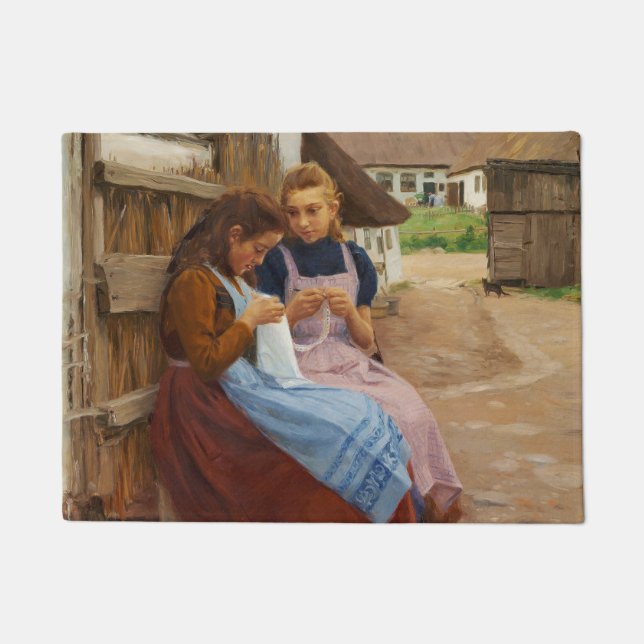 Paillasson Deux Filles avec Needlework assis dans une ferme (Devant)