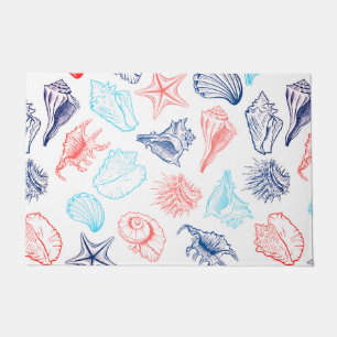 Paillasson Divers coquillages bleu rouge ligne art motif