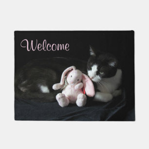 Paillasson Douce Tuxedo Chat et lapin rose mat de bienvenue