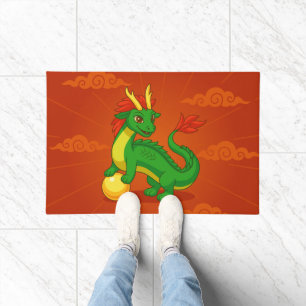 Paillasson Dragon Chinois Vert sur Fond Rouge
