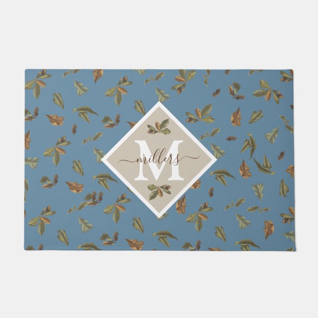 Paillasson Dusty Blue Rustic Brown Feuilles Famille Monogramm (Devant)