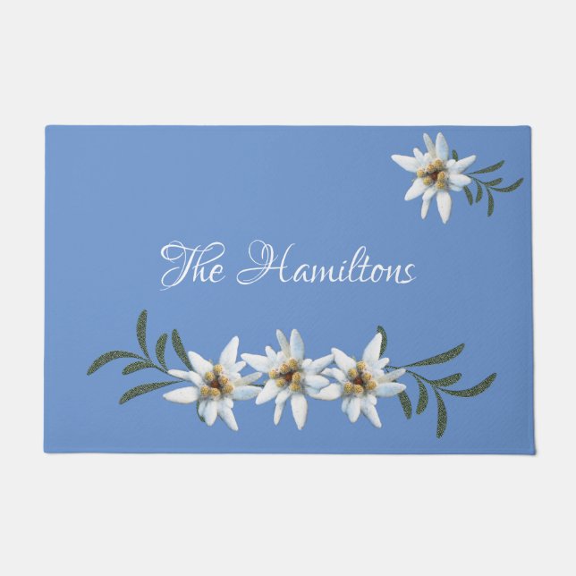 Paillasson Edelweiss Blanc Sur Porte Bleue (Devant)