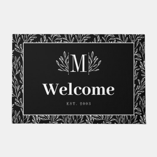 Paillasson Elégant Blanc Noir Vert Monogramme Bienvenue (Devant)