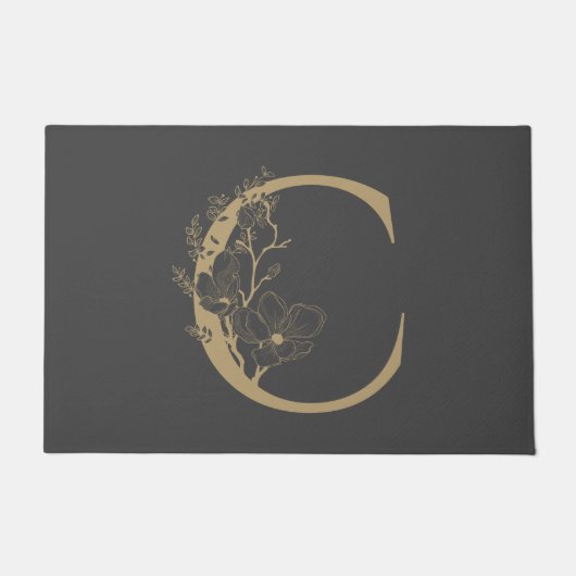 Paillasson Élégant C Boho Floral Monogramme initial Gris Or (Devant)