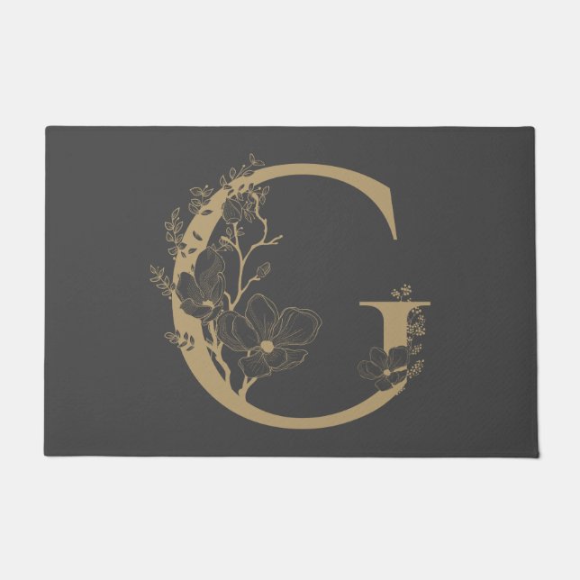 Paillasson Élégant G Boho Floral Monogramme initial gris or (Devant)