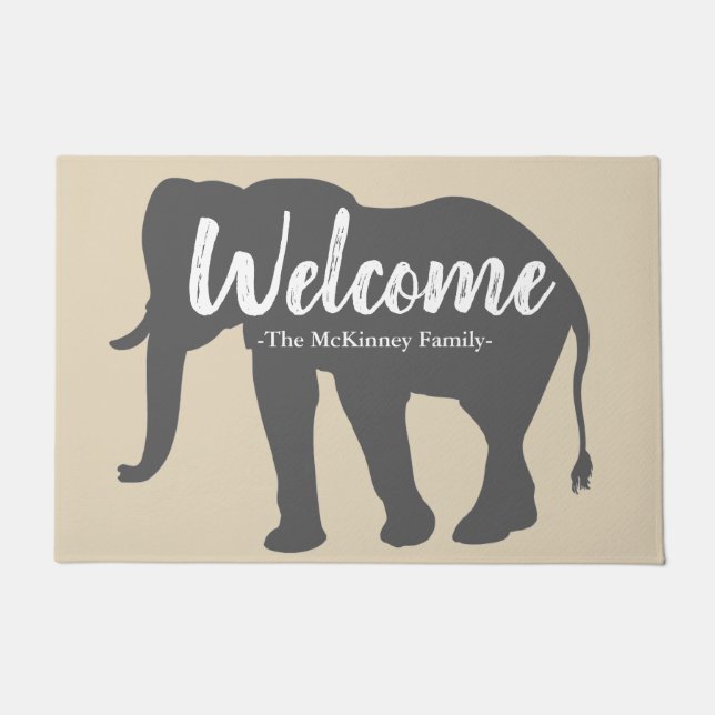 Paillasson Elegant Grey Elephant Silhouette & Nom de famille (Devant)