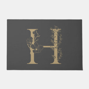 Paillasson Élégant H Boho Floral Monogramme initial Gris Or
