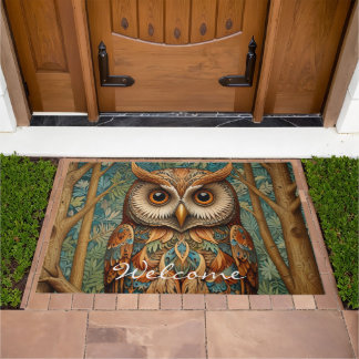 Paillasson Elégant hibou rétro boho art déco forêt verdure