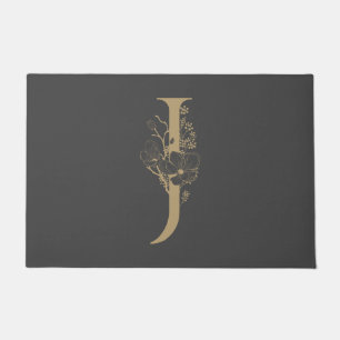 Paillasson Élégant J Boho Floral Monogramme initial Gris Or
