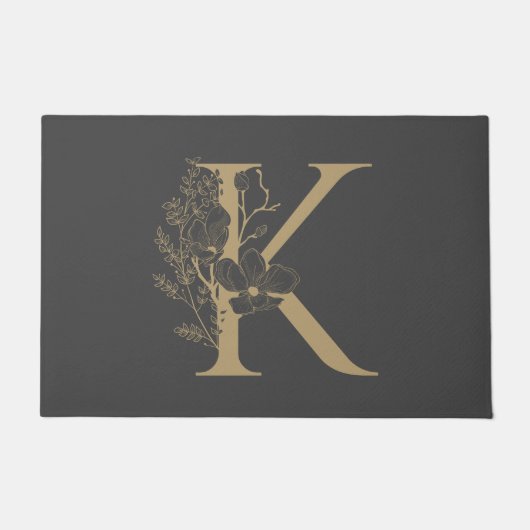 Paillasson Élégant K Boho Floral Monogramme Gris initial Or (Devant)