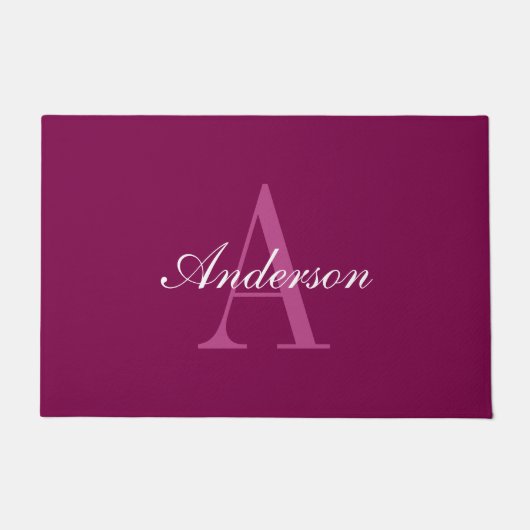 Paillasson Élégant Magenta Rouge, rose & blanc Nom & Monogram (Devant)