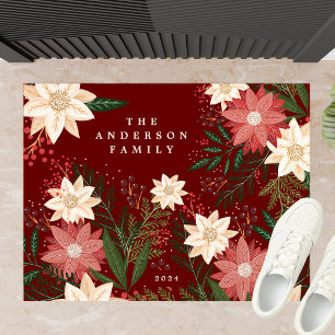 Paillasson Élégant Maroon Nom de famille Poinsettia Noël