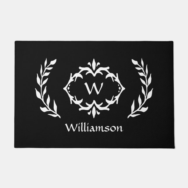 Paillasson Élégant moderne Monogramme Wreath Chic noir blanc (Devant)