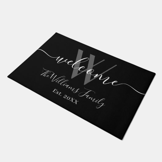 Paillasson Élégant Monogram Black Grey Nom Mariage de script (Incliné)