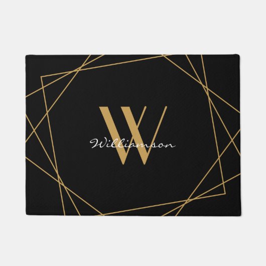 Paillasson Élégant Monogramme Black Gold Ajout de nom Script (Devant)