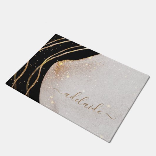 Paillasson Élégant Monogramme d'or noir Nom du script Bienven (Incliné)