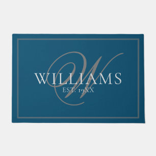 Paillasson Élégant Monogramme gris bleu Nom Mariage nouvellem