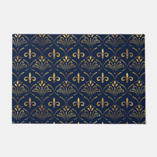 Paillasson Élégant motif Fleur de lis - Or et bleu profond