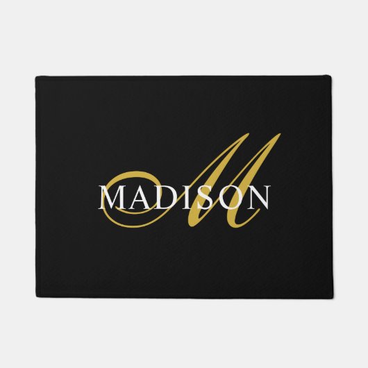 Paillasson Élégant noir blanc Monogramme Gold Script (Devant)