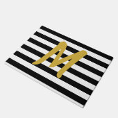 Paillasson Élégant noir et blanc rayures or Monogramme (Incliné)