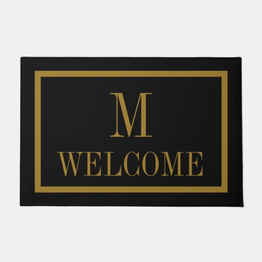 Paillasson Élégant noir et or nom monogramme porte mat (Devant)
