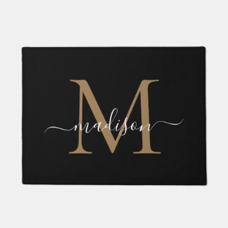 Paillasson Élégant noir et or personnalisé Monogramme Nom du