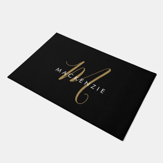 Paillasson Élégant Noir Moderne Script Monogramme (Incliné)
