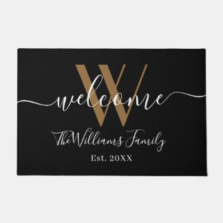Paillasson Élégant Noir Monogramme Nom Script Newlyweds