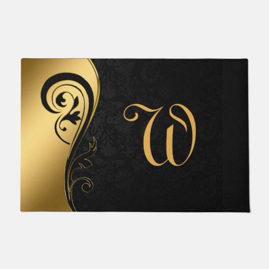Paillasson Élégant Noir Or Chic Monogramme Initial (Devant)