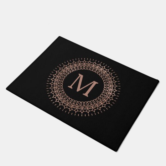 Paillasson Élégant noir & Rose or noir & Faux Monogramme init (Incliné)