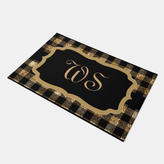 Paillasson Élégant Noir Tartan Plaid Or Monogramme (Incliné)