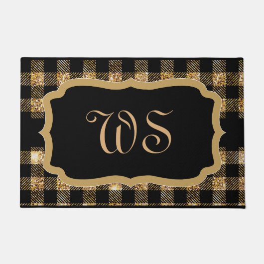 Paillasson Élégant Noir Tartan Plaid Or Monogramme (Devant)