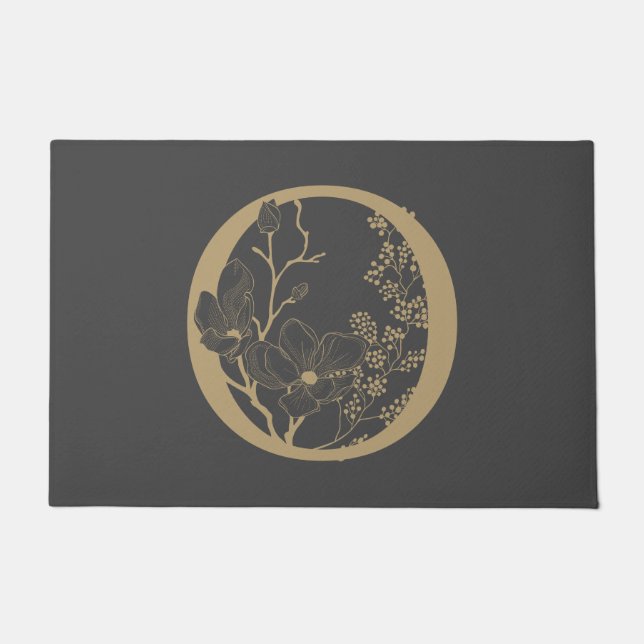 Paillasson Élégant O Boho Floral Monogramme initial Gris Or (Devant)