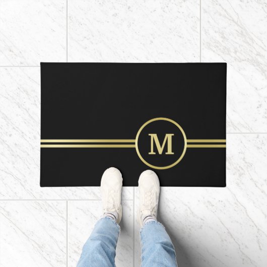 Paillasson Élégant or Monogramme personnalisé sur noir (Intérieur)