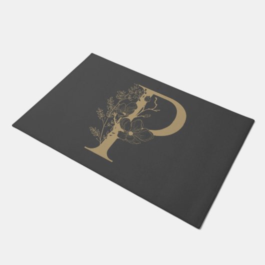 Paillasson Élégant P Boho Floral Monogramme initial Gris Or (Incliné)