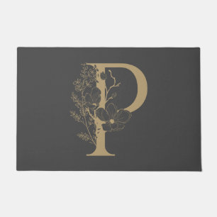 Paillasson Élégant P Boho Floral Monogramme initial Gris Or