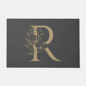 Paillasson Élégant R Boho Floral Monogramme initial Gris Or (Devant)