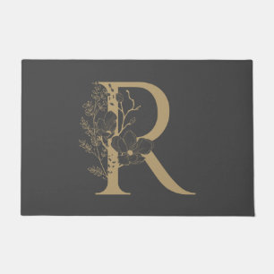 Paillasson Élégant R Boho Floral Monogramme initial Gris Or