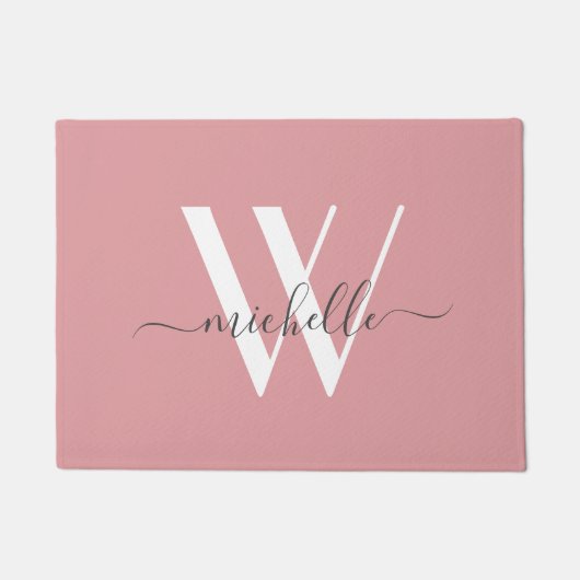 Paillasson Élégant rose pâle blanc Monogramme Nom Script (Devant)