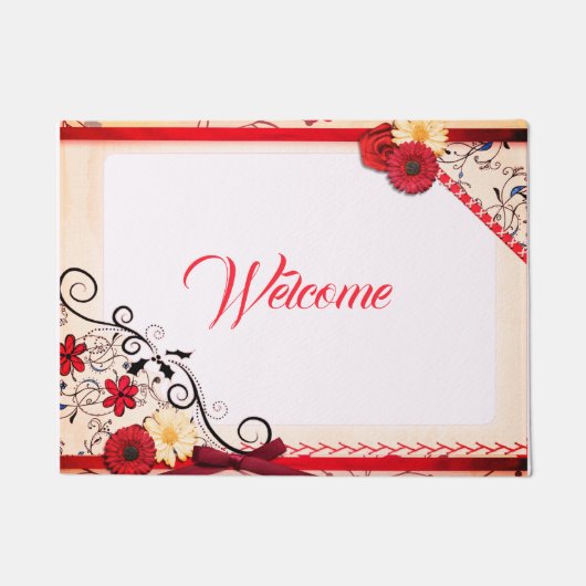 Paillasson Élégant rouge Rose Crimson Bordure Noir Ornemental (Devant)